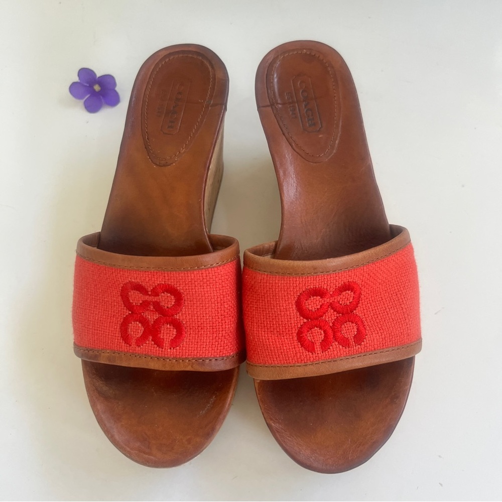 Coach JACI Red Canvas Cork 3” Leather Wedges Sz 6B Casual Summer Preppy Comfort